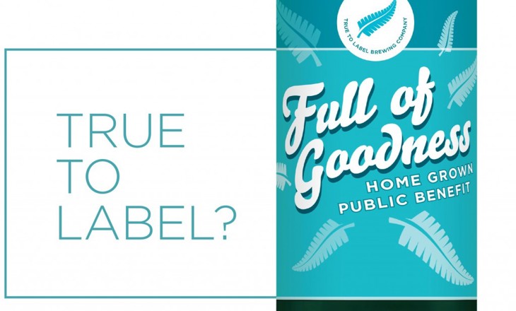 A blue canned drink with text "True to label?" on the left