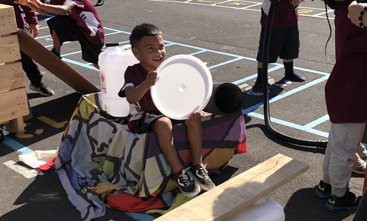 Child playing with spare parts play outside